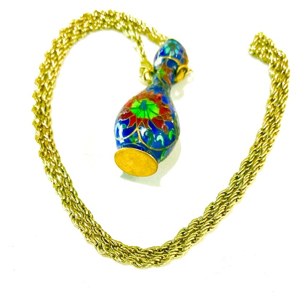 Vintage Designer Cloisonné Enameled Brass Flower Vase/Snuff Bottle Necklace, EUC - Picture 1 of 14
